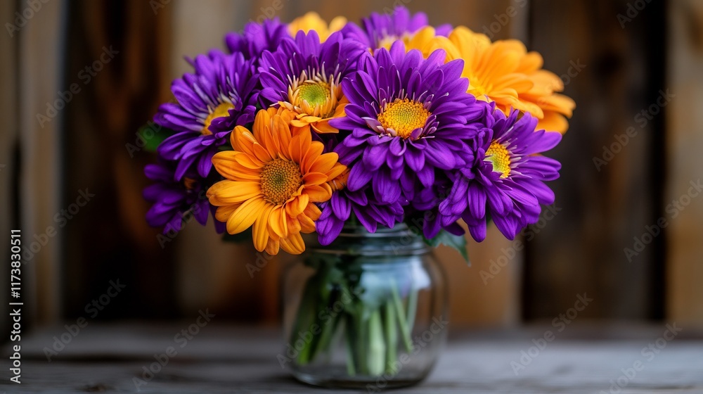Vibrant Purple and Orange Chrysanthemum Bouquet in a Glass Jar Vibrant Purple and Orange Chrysanthemum Bouquet in a Glass Jar
