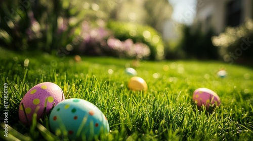 Colorful Easter Eggs Scattered on Green Grass in a Vibrant Garden During a Sunny Afternoon Celebration
