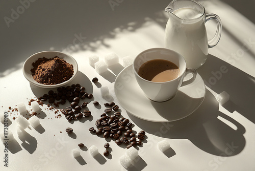 Coffee cup with milk, sugar cubes, and cocoa powder on white table under natural sunlight