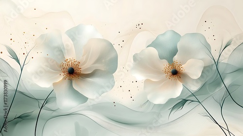 Delicate White Flowers with Abstract Green Waves