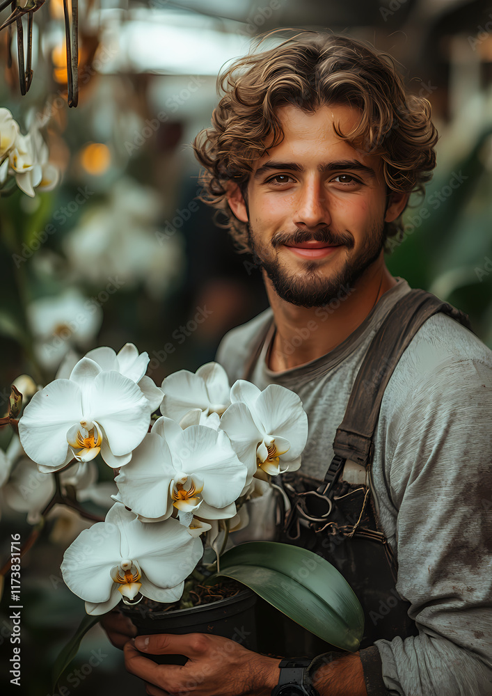 Fototapeta premium Young man smiles while holding a potted orchid in a greenhouse filled with flowers. Generative AI