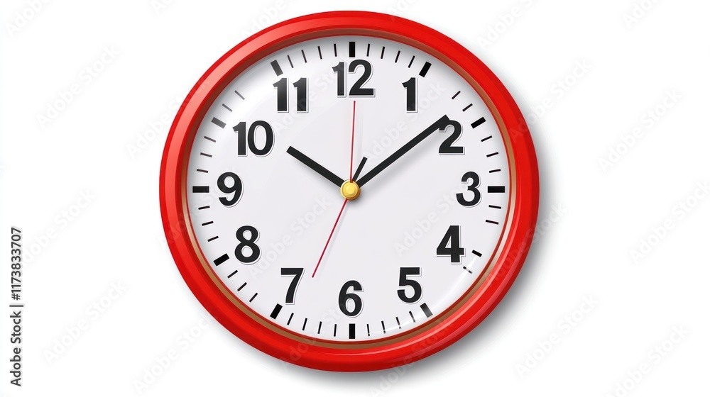 A red wall clock showing the time. Ideal for websites or apps that need a visual representation of time or scheduling. A red wall clock showing the time. Ideal for websites or apps that need a visual representation of time or scheduling.