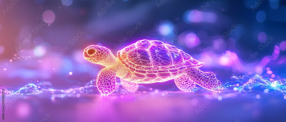 Glowing polygonal sea turtle walking on neon beach. Glowing polygonal sea turtle walking on neon beach.