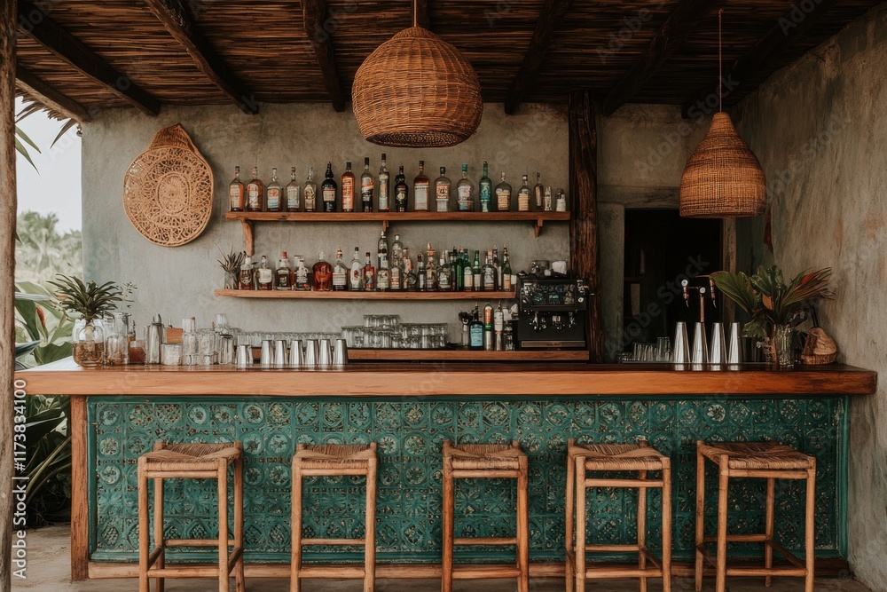 Tropical Bar Interior with Wicker Lights and Teal Tile Backsplash Tropical Bar Interior with Wicker Lights and Teal Tile Backsplash