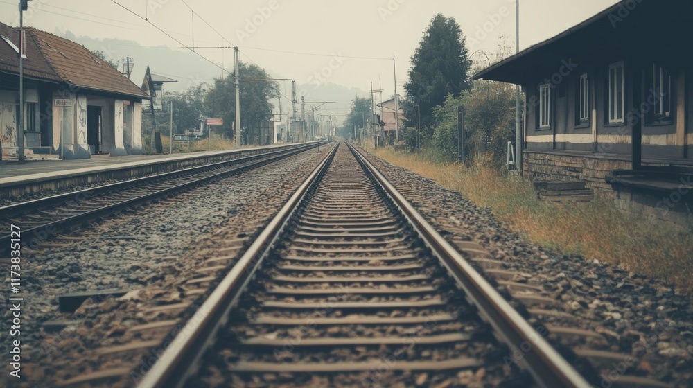 Obraz premium Train tracks vanishing into misty distance, small station buildings on either side.