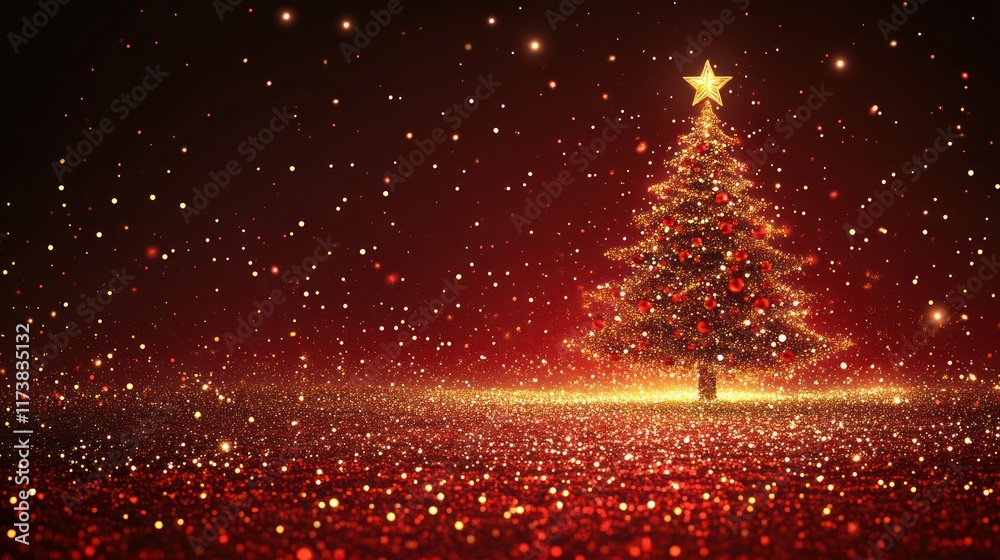 Naklejka premium A festive Christmas tree adorned with lights and ornaments against a sparkling background.