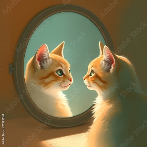 Charming cat admiring its reflection in a round mirror, gentle expression, warm colors, copy space