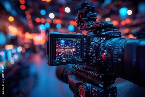 Close-up of reporter's camera against blurred background of glowing lights. Journalist's report