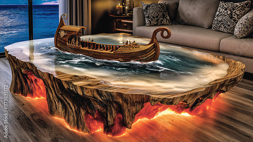 Artistic Wooden Table with a Miniature Ship and Realistic Water Effects, Combining Creative Craftsmanship and Imaginative Design for a Unique Furniture Concept photo