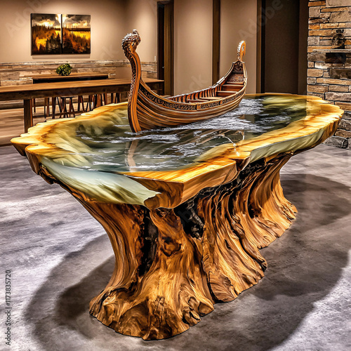 Artistic Wooden Table with a Miniature Ship and Realistic Water Effects, Combining Creative Craftsmanship and Imaginative Design for a Unique Furniture Concept photo