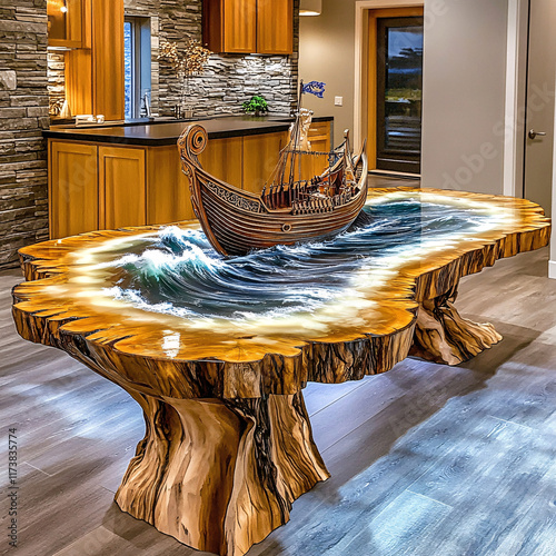 Artistic Wooden Table with a Miniature Ship and Realistic Water Effects, Combining Creative Craftsmanship and Imaginative Design for a Unique Furniture Concept photo