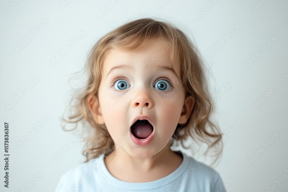 child expressing surprise, with wide eyes and open mouth, against a bright white background, minimal background with copy space child expressing surprise, with wide eyes and open mouth, against a bright white background, minimal background with copy space