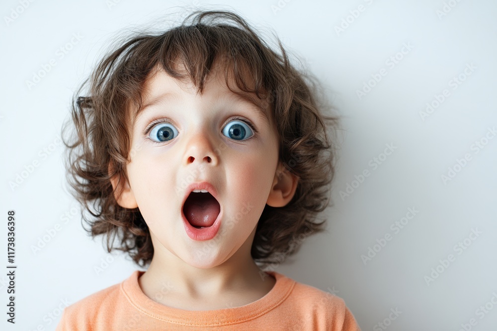 child expressing surprise, with wide eyes and open mouth, against a bright white background, minimal background with copy space child expressing surprise, with wide eyes and open mouth, against a bright white background, minimal background with copy space