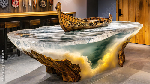 Artistic Wooden Table with a Miniature Ship and Realistic Water Effects, Combining Creative Craftsmanship and Imaginative Design for a Unique Furniture Concept photo