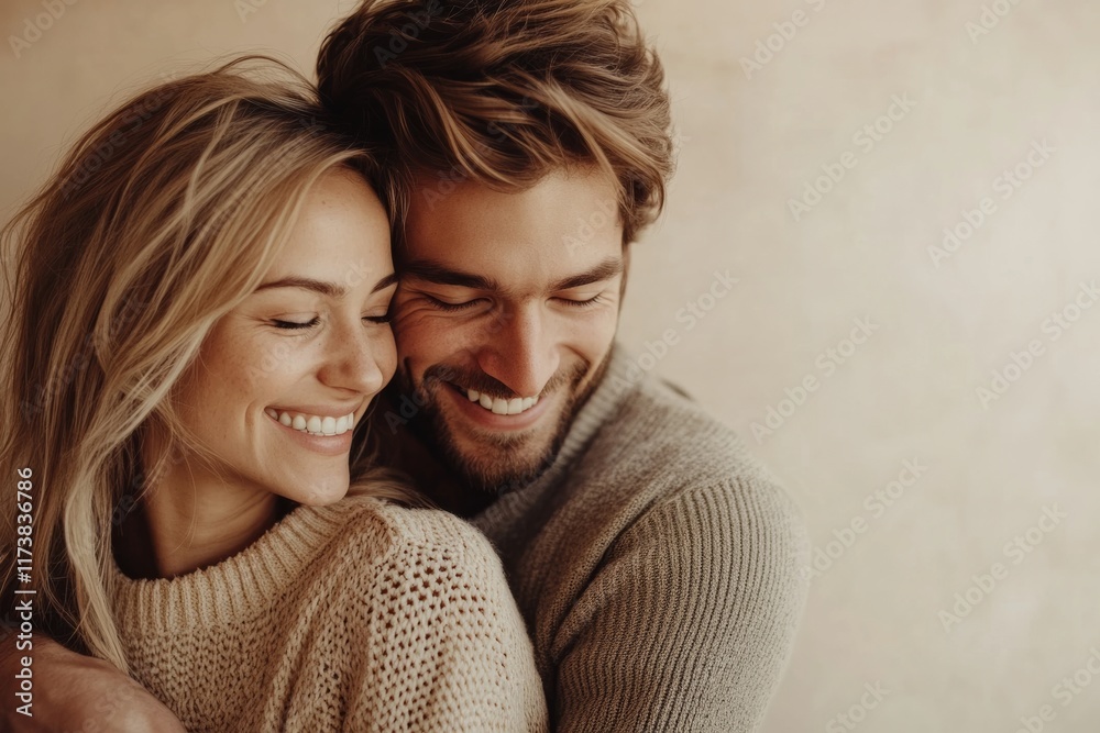 happy couple embracing each other warmly, with genuine smiles and a neutral backdrop,, valentines day celebration, love, dating and relationship happy couple embracing each other warmly, with genuine smiles and a neutral backdrop,, valentines day celebration, love, dating and relationship