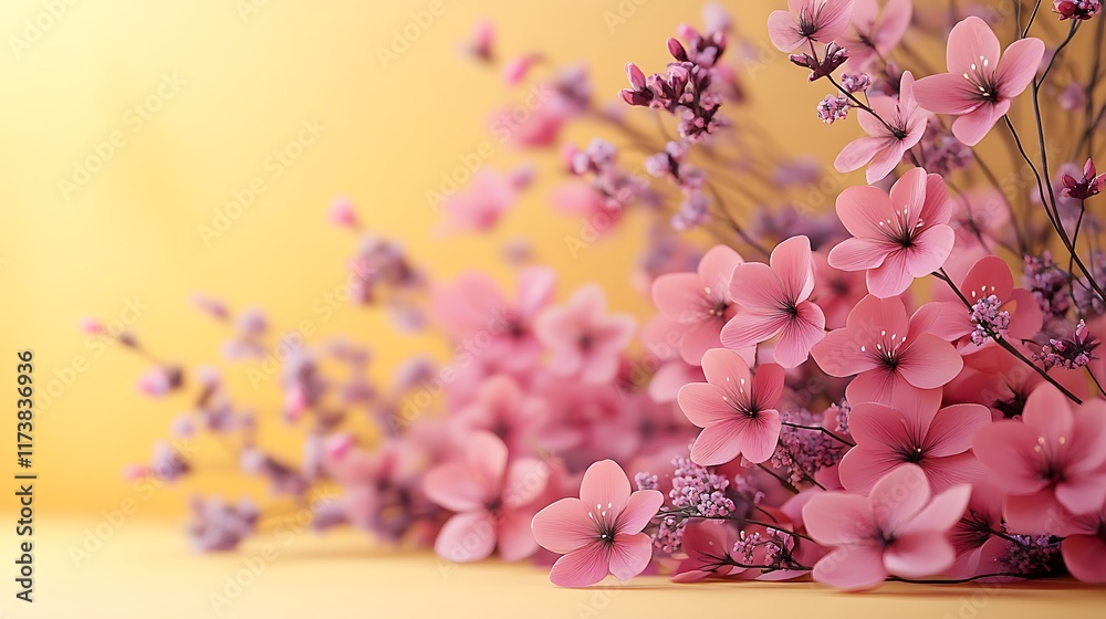 Obraz premium Delicate Pink Flowers Blossom on Yellow Background