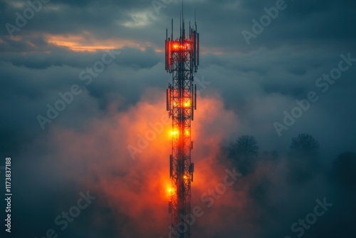 Telecommunication antenna tower with phone base station and wireless internet antennas