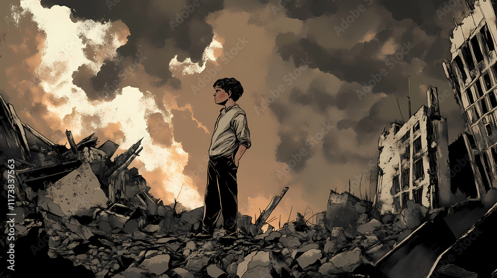 Boy stands amidst rubble and ruins under a dramatic sky in a desolate landscape. Generative AI Boy stands amidst rubble and ruins under a dramatic sky in a desolate landscape. Generative AI