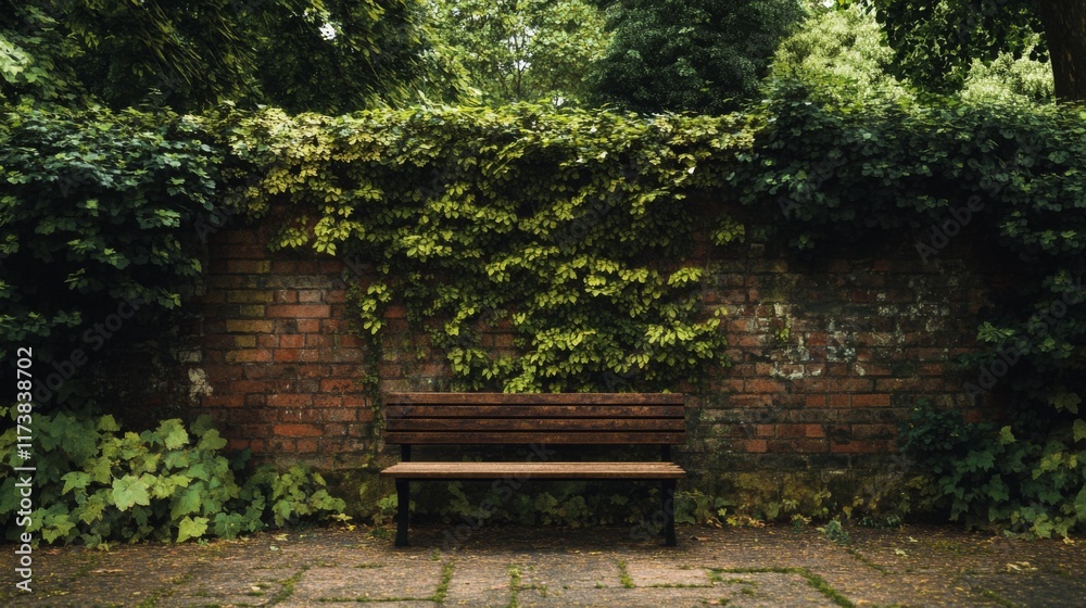 Obraz premium Wooden bench against a brick wall covered in ivy.