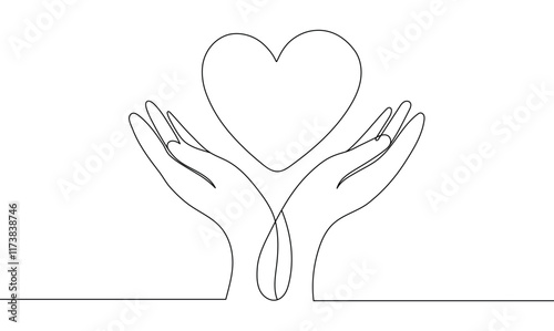 hands with heart one continuous line art style. vector illustration. editable line