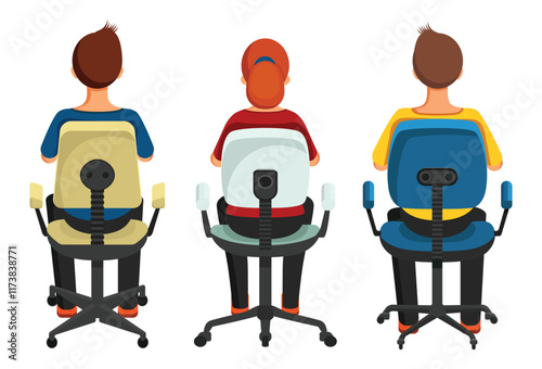 Set of people sitting on computer chair back view vector illustration