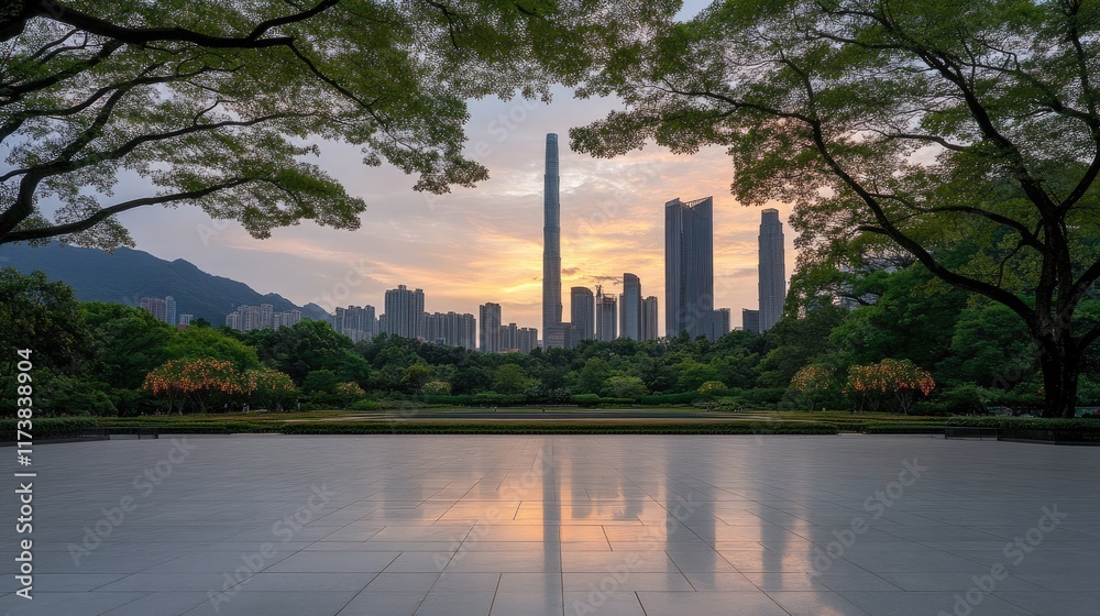 Empty square marble floor frames a stunning city skyline in Shenzhen, showcasing modern architecture at sunset with lush greenery Empty square marble floor frames a stunning city skyline in Shenzhen, showcasing modern architecture at sunset with lush greenery