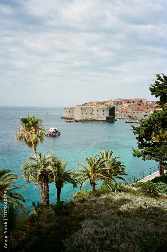 Naklejka premium Dubrovnik, Croatia, beach, old town, vintage, 35mm film