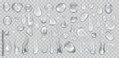 Realistic water drops isolated on transparent background. Vector illustration set.