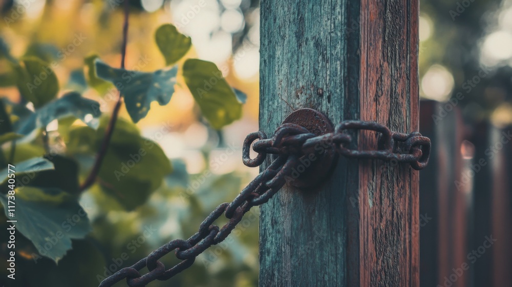 Rusty chain securing weathered wooden fence post. Rusty chain securing weathered wooden fence post.