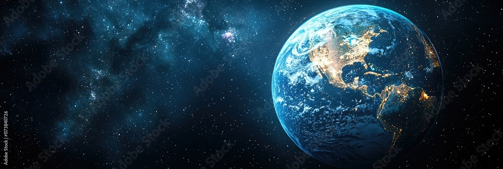 Obraz premium Earth at night from space, showing city lights and continents.