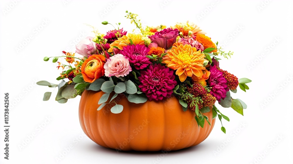 A vibrant floral arrangement featuring pink, orange, and yellow blooms in a carved pumpkin, perfect for autumn celebrations. A vibrant floral arrangement featuring pink, orange, and yellow blooms in a carved pumpkin, perfect for autumn celebrations.