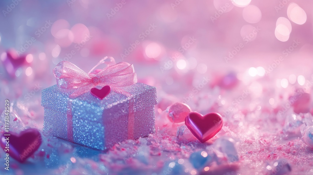 Fototapeta premium Pink Gift Box with Ribbon and Heart Decorations on Romantic Bokeh Background