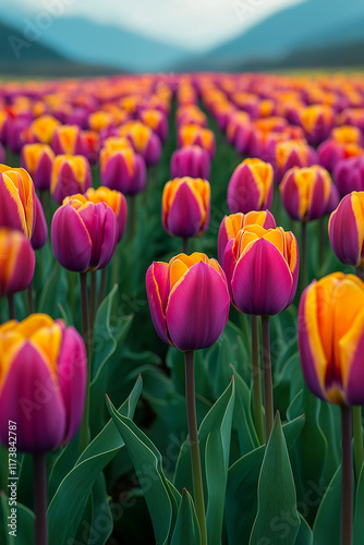 Photo réaliste professionnelle d’un champ de tulipes colorées s’étendant à travers le paysage photo