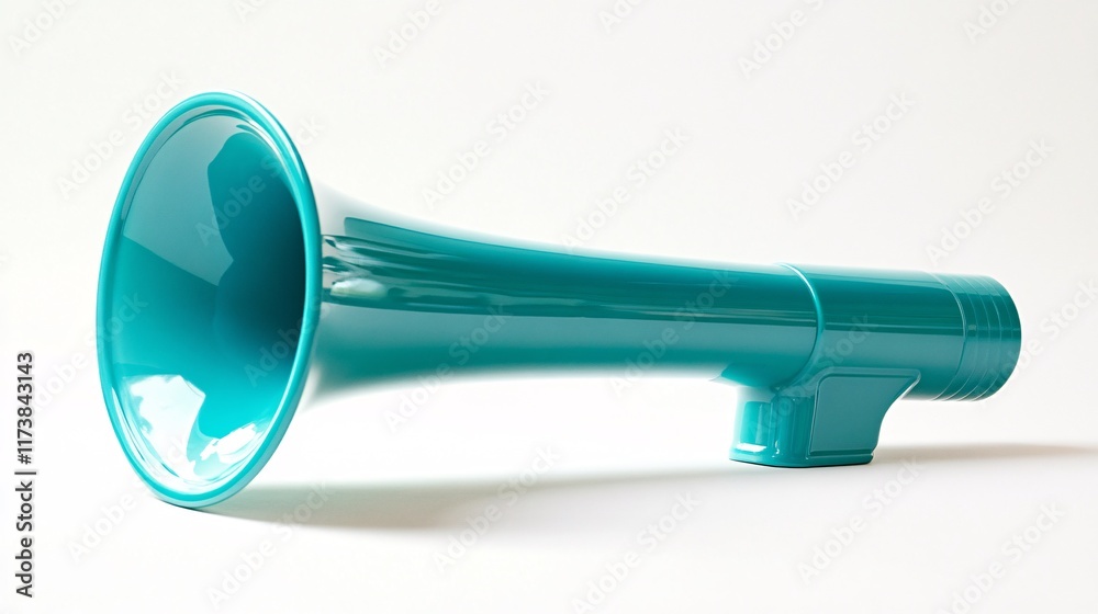 A vibrant turquoise megaphone resting on a clean, white surface, showcasing a modern and glossy design. A vibrant turquoise megaphone resting on a clean, white surface, showcasing a modern and glossy design.