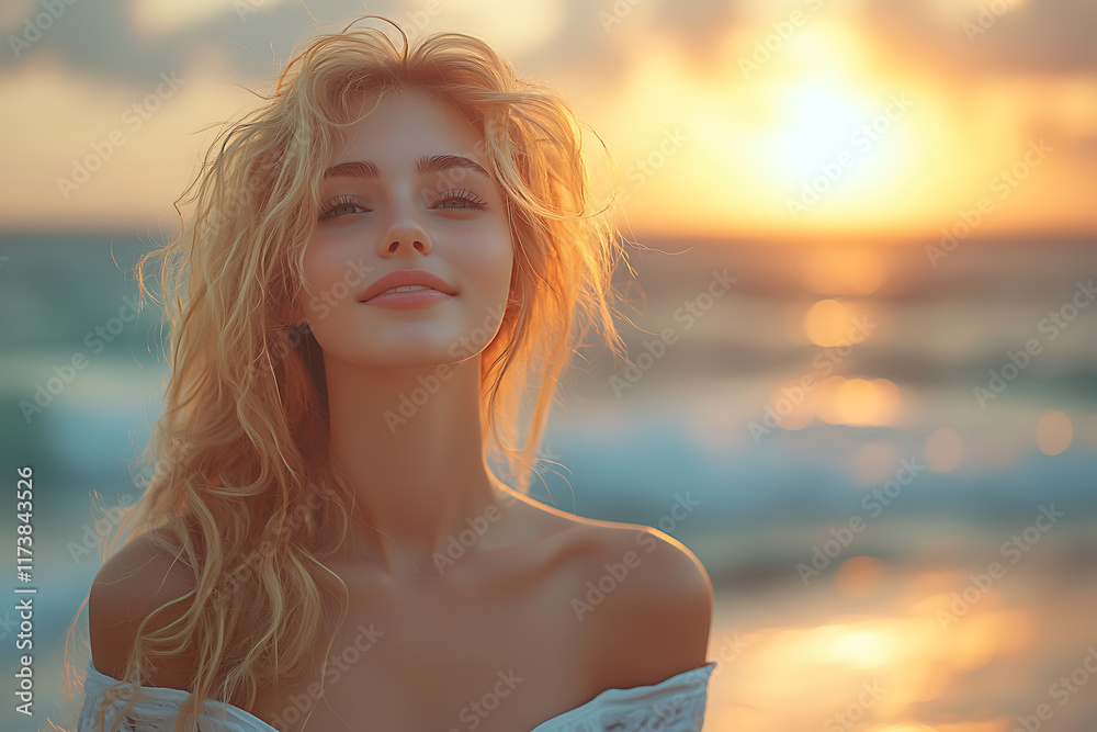 Portrait of a young woman standing on a beach at sunset, with soft golden lighting and ocean waves in the background. Portrait of a young woman standing on a beach at sunset, with soft golden lighting and ocean waves in the background.