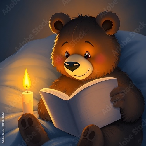 Bear in a warm mood reading a bedtime story by candlelight, cozy and peaceful setting, copy space