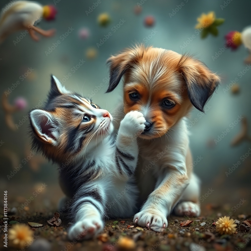 Playful puppy and kitten engaging in a fun moment surrounded by floating flowers, vibrant and joyful scene, copy space Playful puppy and kitten engaging in a fun moment surrounded by floating flowers, vibrant and joyful scene, copy space