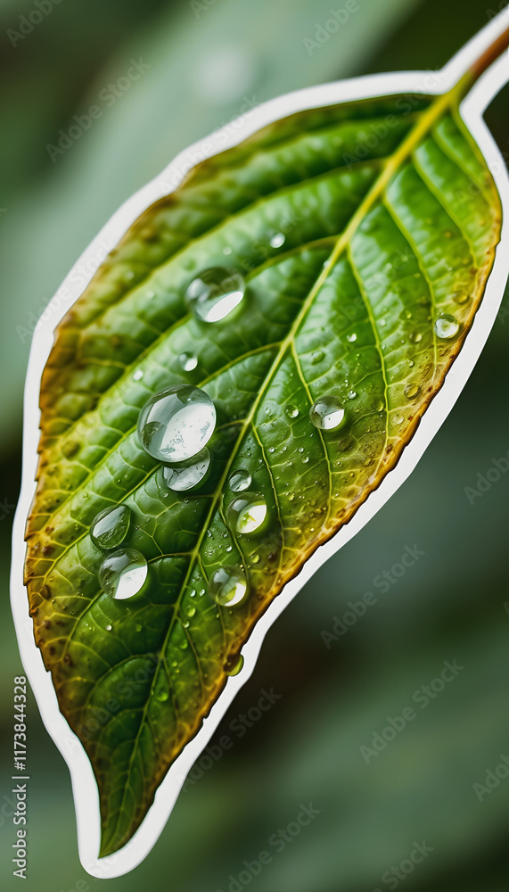 Fototapeta premium leaf with rain droplets - Recovery earth concept, sticker style, with white tones