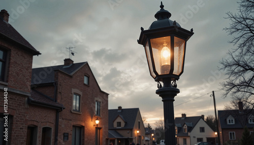 Street lamp illuminating houses at dusk