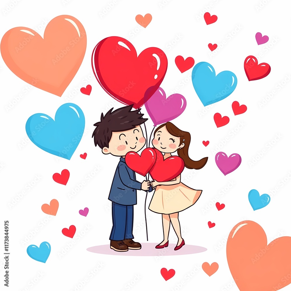 Lovely Couple Celebrating Valentine's Day with Heart Balloons Lovely Couple Celebrating Valentine's Day with Heart Balloons