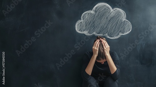 Woman sitting on the floor in front of a blank blackboard, holding her head in her hands, with an empty thought bubble above, expressing her mental struggles