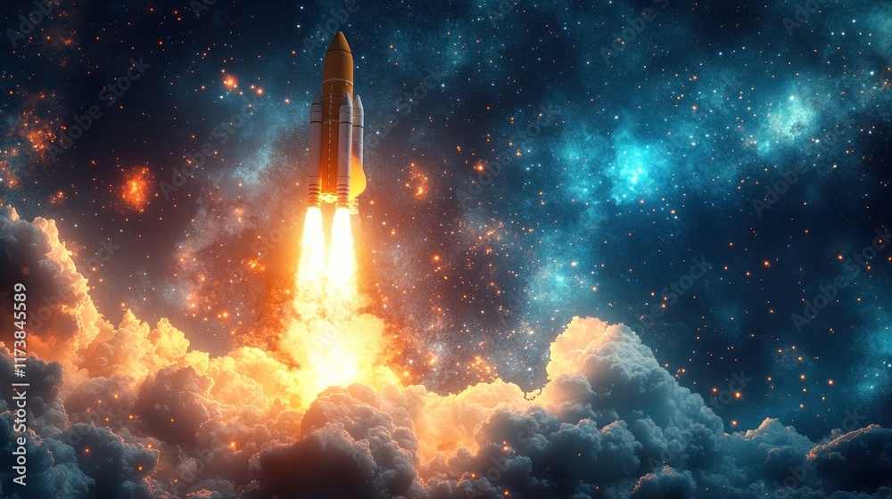 Fototapeta premium A rocket launches into space, surrounded by vibrant clouds and stars.