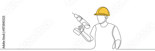 Worker holding a drill. Editable one continuous line