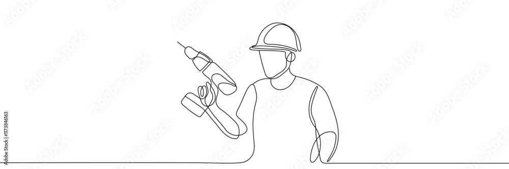 Obraz premium Worker holding a drill. Editable one continuous line