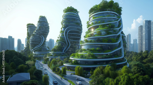 Futuristic eco-architecture featuring lush vertical gardens integrated into modern skyscrapers, promoting sustainable urban living surrounded by greenery.