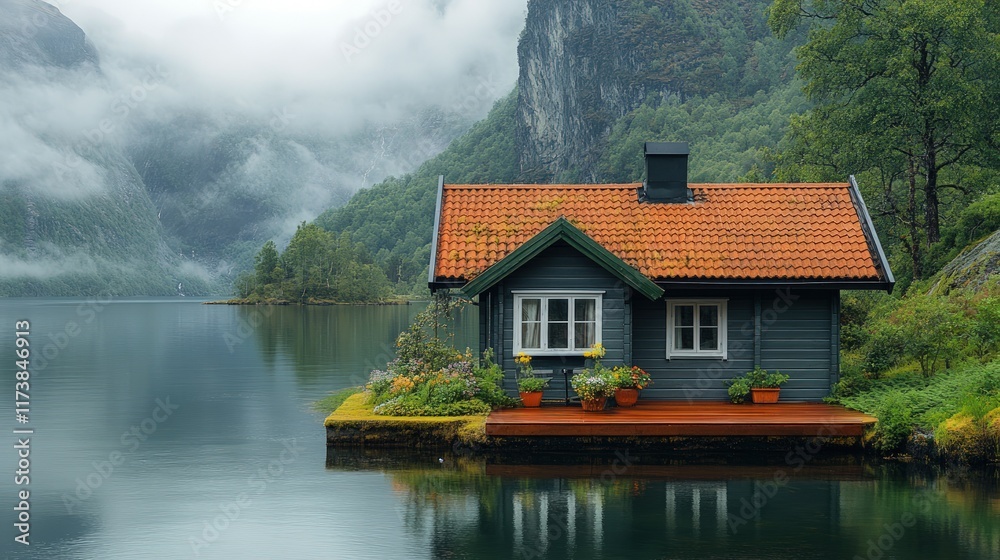 Naklejka premium Secluded lake house nestled amidst misty mountains and lush greenery.
