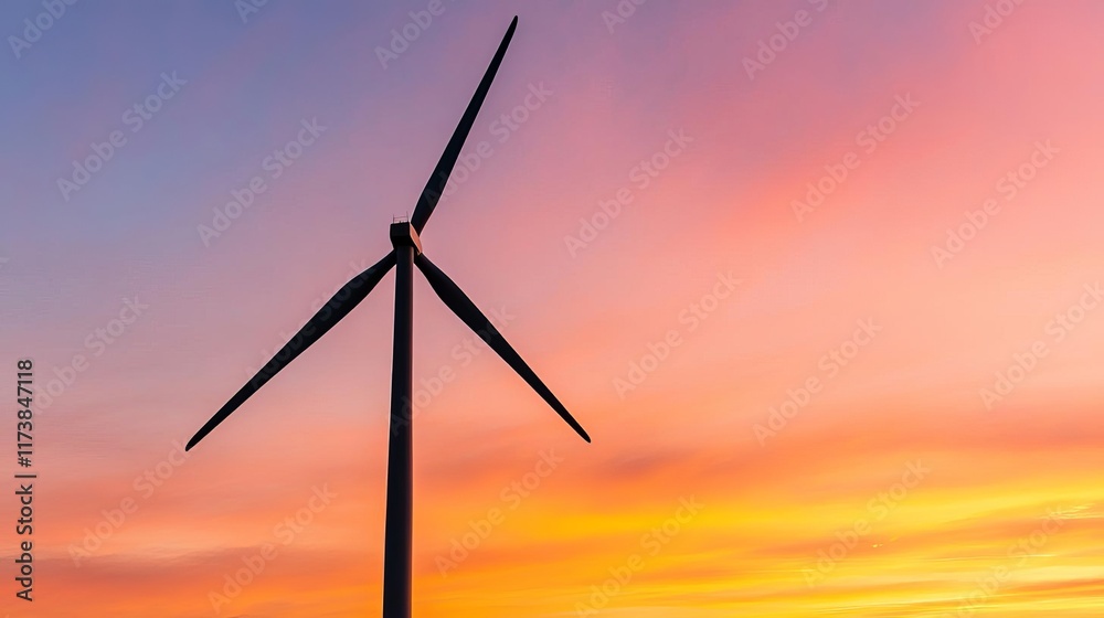 Fototapeta premium Offshore wind farm at sunset, silhouette against fiery skies