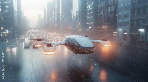A futuristic urban scene with an autonomous flying vehicle navigating through rainy city streets, illuminated by dynamic lighting and modern architecture. photo
