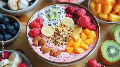 A vibrant smoothie bowl topped with fresh fruits, granola, and nuts, creating a healthy and visually appealing breakfast option. photo