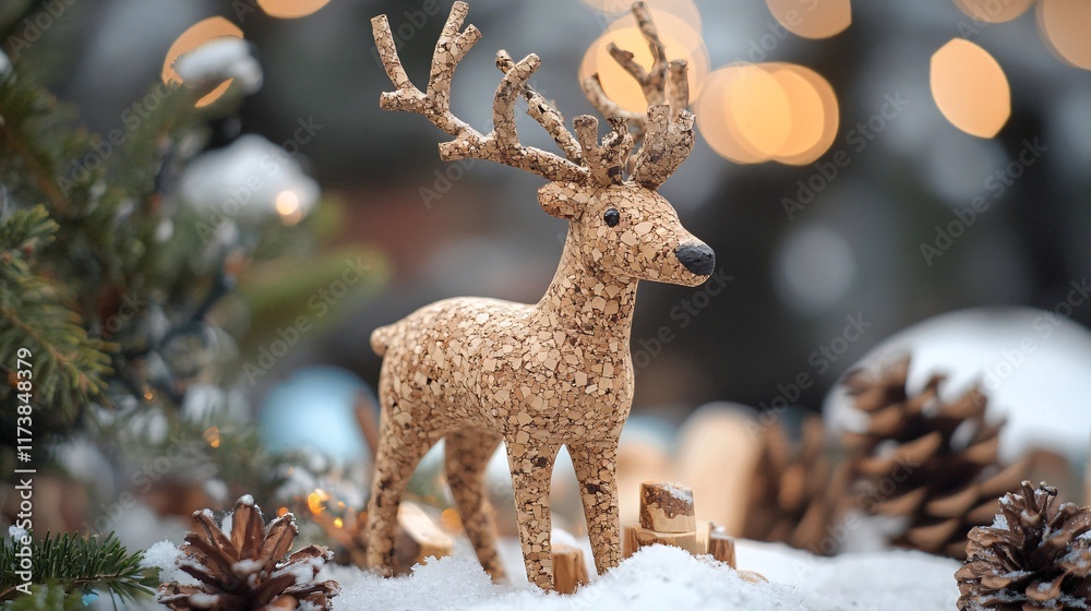 Decorative reindeer figurine in cork stands amidst snow and pine cones, conveying a festive winter atmosphere. Decorative reindeer figurine in cork stands amidst snow and pine cones, conveying a festive winter atmosphere.